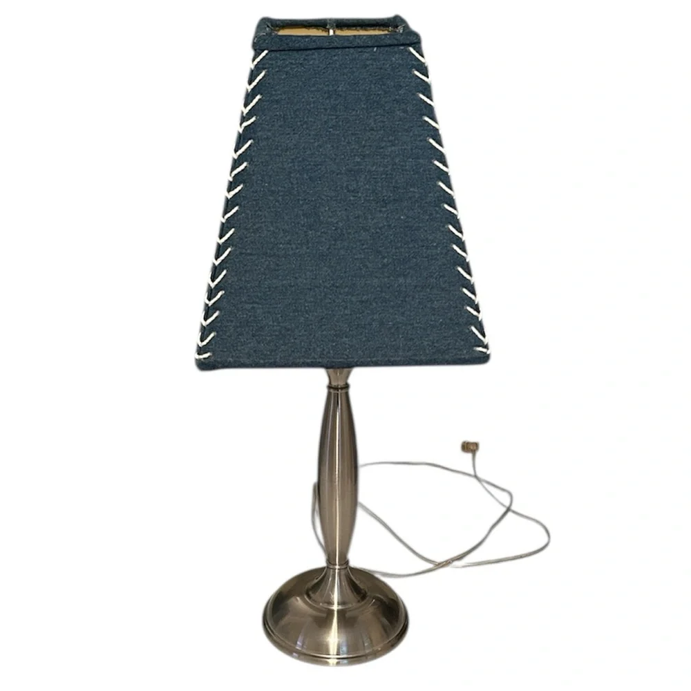 Pottery Barn Kids blue denim whip stitched lamp shade. Baseball theme.Shade ONLY